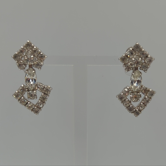 Rhinestones Duane Earrings Vintage Screw Back Rhodium Plating Dangle Signed - Picture 4 of 8